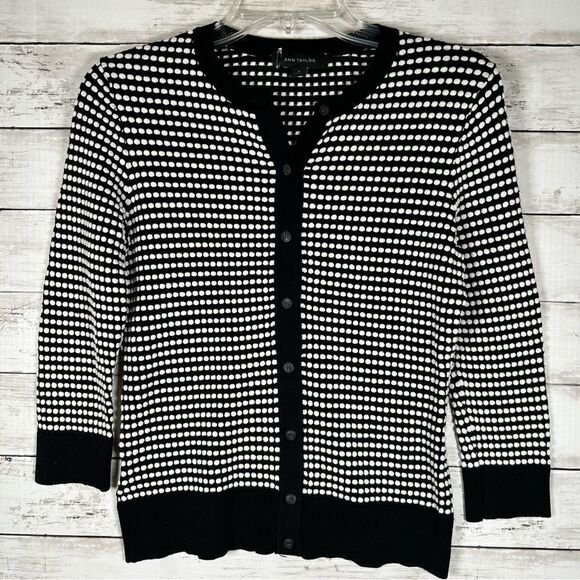 Ann Taylor Textured Cardigan Sweater Black White Crew Neck Button Up 3/4 Sleeve - Picture 1 of 6